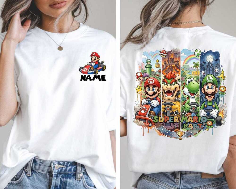 Super Mario All Characters Cart Shirt, Epic Universe Family Shirt 2 Sided White